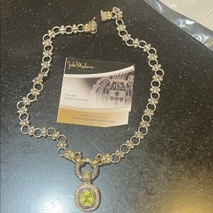 John Medeiros Silver and Gold Necklace with Green Pendant
